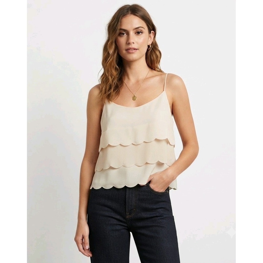 Ark & Co Cream Scalloped Layered Camisole Spaghetti Strap Top NWT Large